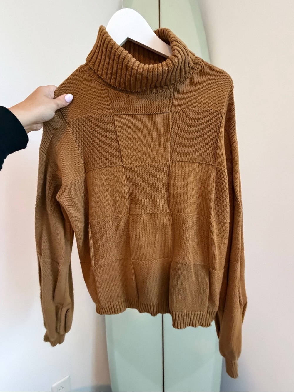 RVCA Checkered Turtleneck Knit Sweater in Camel